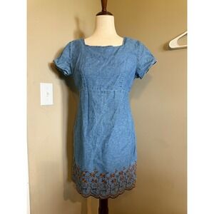 California Concepts Blue Denim Embroidered Square Neck Short Sleeve Mini Dress
